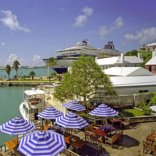 Ship docked behind a harborside garden